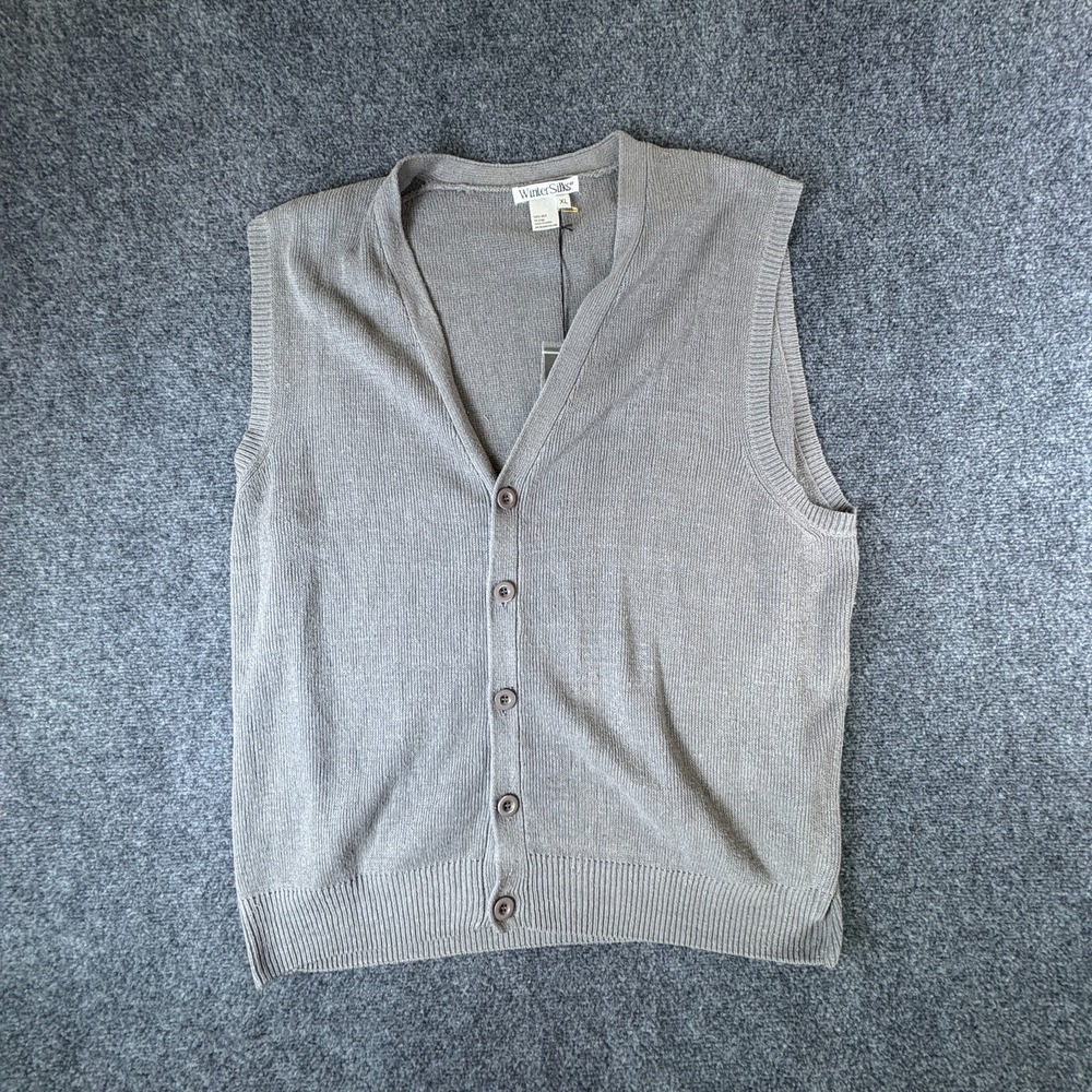 WinterSilks‎ Sweater Vest Mens XL Gray Stitch Knitted Silk V Neck Button Front